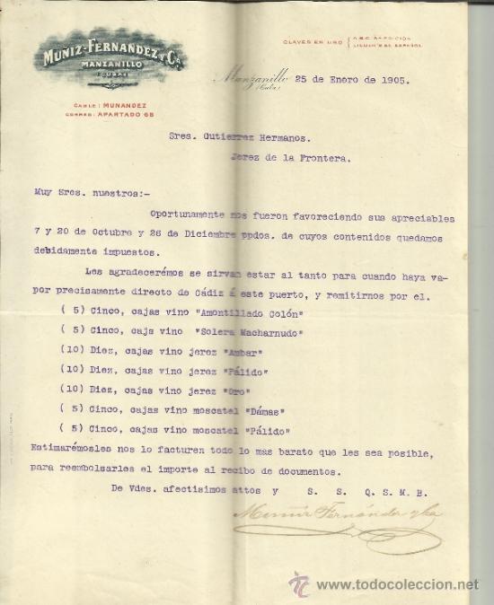 Lettres commerciales: CARTA COMERCIAL DE MU&Ntilde;IZ-FERN&Aacute;NDEZ Y C&ordf;. MANZANILLO. CUBA. 1905