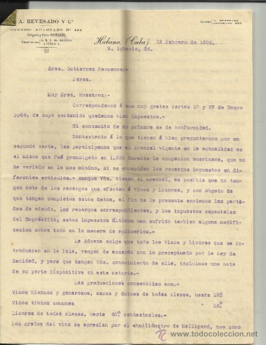 Cartas comerciais: CARTA COMERCIAL DE A. REVESADO Y C&ordf;. HABANA. CUBA. 1906 ( 3 HOJAS).