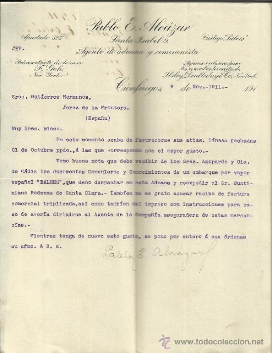 Cartas comerciais: CARTA COMERCIAL DE PABLO E. ALC&Aacute;ZAR.  COMISIONISTA DE F. GEH. CIENFUEGOS. CUBA. 1911