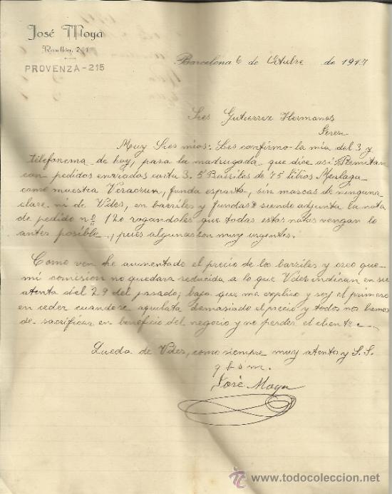 Cartas comerciais: CARTA COMERCIAL DE JOS&Eacute; MOYA. BARCELONA. 1917