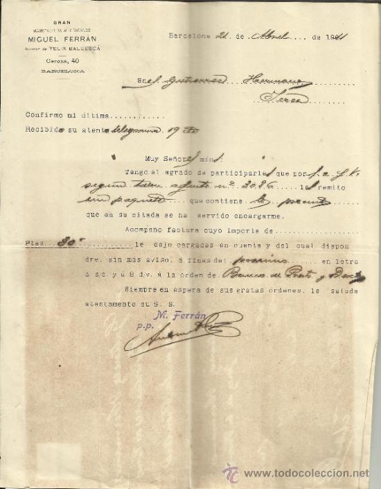 Cartas comerciais: CARTA COMERCIAL DE MIGUEL FERR&Aacute;N. SUCESOR DE FELIZ BALLESCA. MANUFACTURAS DE GRABADOS.BARCELONA.1911