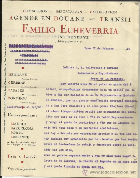Cartas comerciais: CARTA COMERCIAL DE EMILIO ECHEVARRIA. AGENTE EN ADUANA. COMISIONISTA. IR&Uacute;N. GUIP&Uacute;ZCOA. 1930