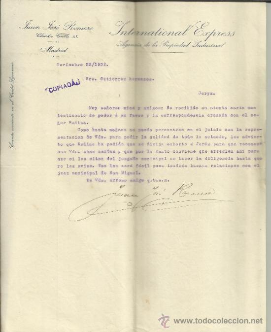 Cartas comerciais: CARTA COMERCIAL DE JUAN JOS&Eacute; ROMERO. INTERNATIONAL EXPRESS. A. DE PROPIEDAD INDUSTRIAL. MADRID. 1902