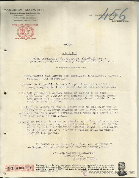 Cartas comerciais: CARTA COMERCIAL DE ANDREW MAXWELL. SUCURSAL DEL LIVERPOOL BORAX. LIVERPOOL. GB.