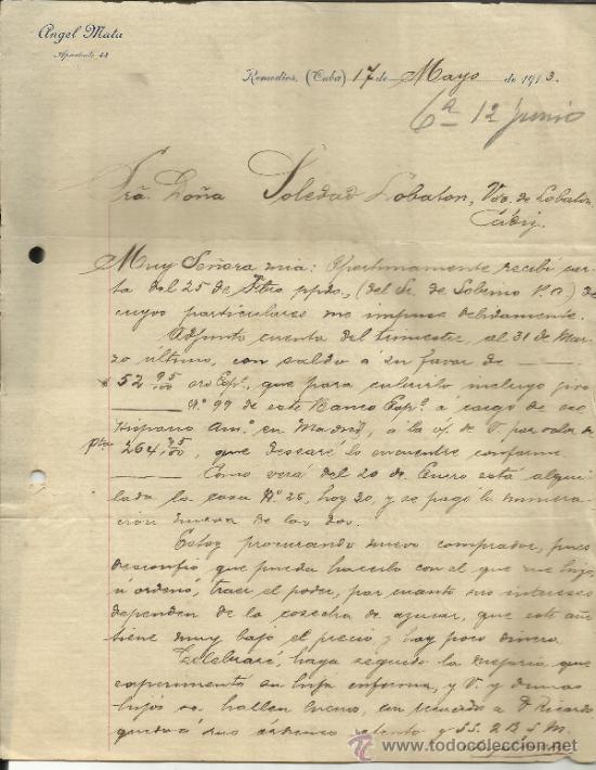 Cartas comerciais: CARTA COMERCIAL DE ANGEL MATA. REMEDIOS. CUBA. 1913