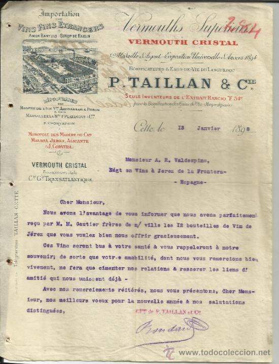 Cartas comerciais: CARTA COMERCIAL DE P. TAILLAN & C&ordf;. VERMOUTH CRISTAL. CETTE. FRANCIA. 1898