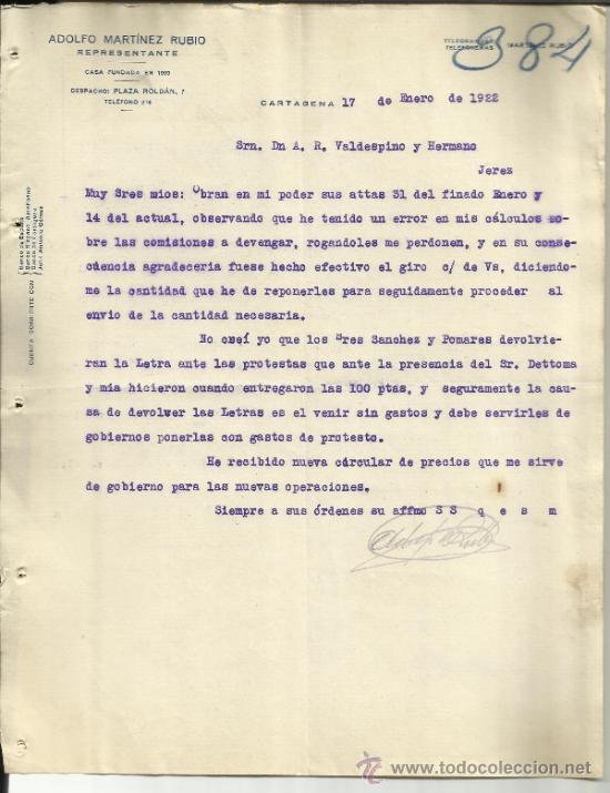 Lettres commerciales: CARTA COMERCIAL DE ADOLFO MART&Iacute;NEZ RUBIO. REPRESENTANTE. CARTAGENA. MURCIA. 1922