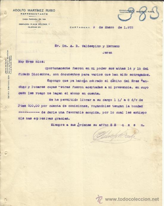 Lettres commerciales: CARTA COMERCIAL DE ADOLFO MART&Iacute;NEZ RUBIO. REPRESENTANTE. CARTAGENA. MURCIA. 1922