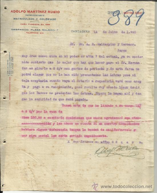 Lettres commerciales: CARTA COMERCIAL DE ADOLFO MART&Iacute;NEZ RUBIO. REPRESENTANTE. CARTAGENA. MURCIA. 1922