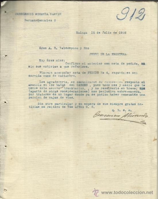 Lettres commerciales: CARTA COMERCIAL DE CRESCENCIO MIRANDA MART&Iacute;N. M&Aacute;LAGA. 1922