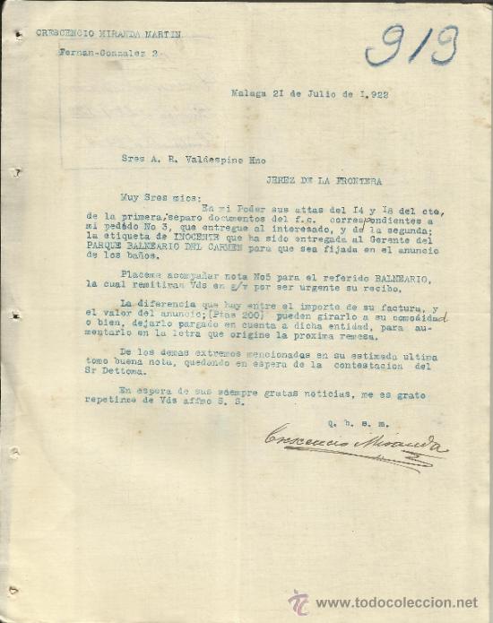 Lettres commerciales: CARTA COMERCIAL DE CRESCENCIO MIRANDA MART&Iacute;N. M&Aacute;LAGA. 1922