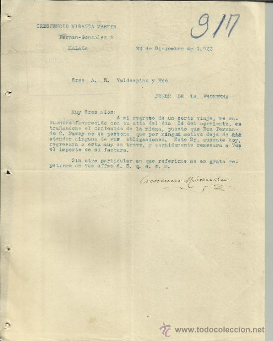 Lettres commerciales: CARTA COMERCIAL DE CRESCENCIO MIRANDA MART&Iacute;N. M&Aacute;LAGA. 1922
