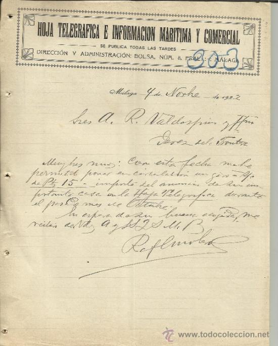 Lettres commerciales: CARTA COMERCIAL DE RAFAEL MOLERO. HOJA TELEGR&Aacute;FICA E INFORMACI&Oacute;N MAR&Iacute;TIMO Y COMERCIAL. M&Aacute;LAGA. 1922