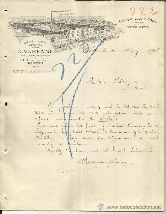 Lettres commerciales: CARTA COMERCIAL DE E. VARENNE. VINOS. LICORES. PANTIN. FRANCIA. 1891