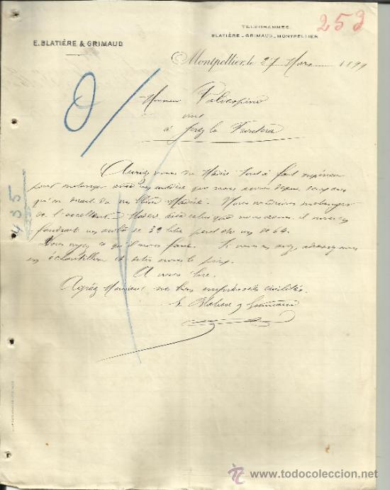 Lettres commerciales: CARTA COMERCIAL DE E. BLATI&Egrave;RE & GRIMAUD. MONTPELLIER. FRANCIA. 1899