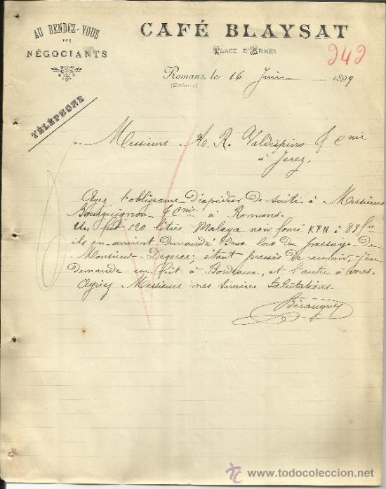 Lettres commerciales: CARTA COMERCIAL DE CAF&Eacute; BLAYSAT. ROMANS. DR&Ocirc;ME. 1899