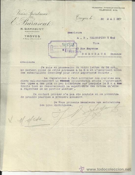Lettres commerciales: CARTA COMERCIAL DE H. BARASCUT FILS & SUCCESEUR. LICORES. TROYES. FRANCIA. 1928