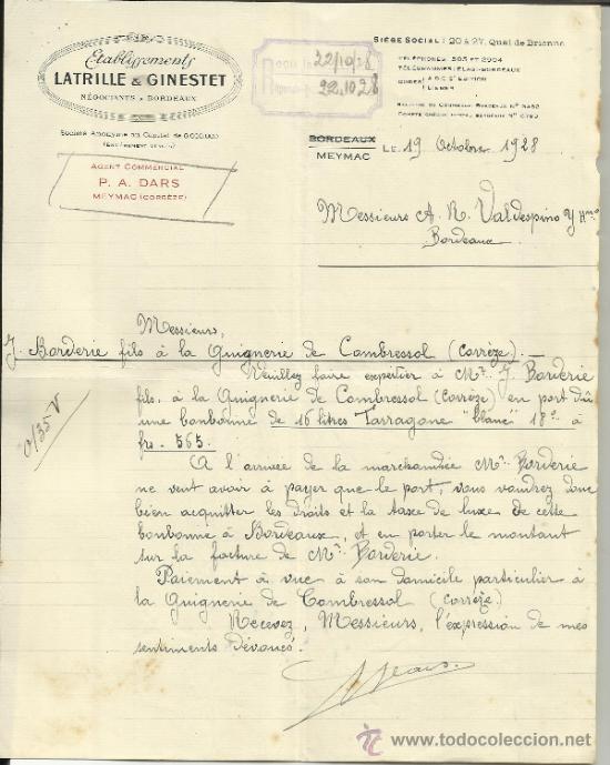 Lettres commerciales: CARTA COMERCIAL DE LATRILLE & GINESTEST. AGENTE COMERCIAL P.A. DARS. MEYMAC. CORR&Egrave;ZE. FRANCIA. 1928