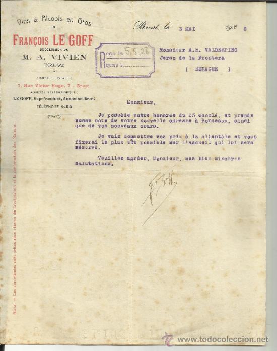 Lettres commerciales: CARTA COMERCIAL DE FRACOIS LE GOFF. SUCESOR DE M.A. VIVIEN. BREST. FRANCIA. 1928