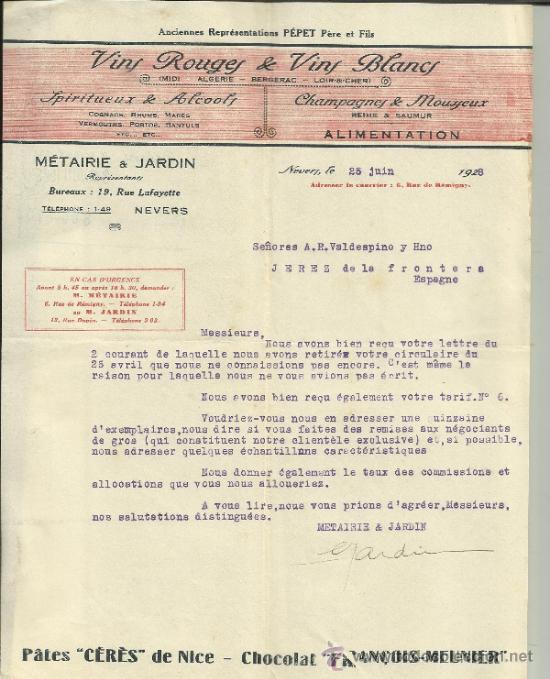 Lettres commerciales: CARTA COMERCIAL DE M&Eacute;TARIE & JARDIN. NEVERS. FRANCIA. 1928