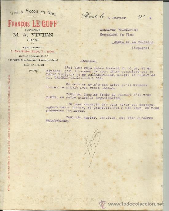 Lettres commerciales: CARTA COMERCIAL DE FRANCOIS LE GOFF. SUCESOR DE M.A. VIVIEN. BREST. FRANCIA. 1928