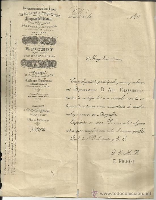 Lettere commerciali: CIRCULAR DE E. PICHOT. IMPRESIONES DE LUJO. PAR&Iacute;S. FRANCIA. 1893