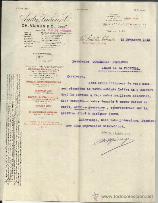 Lettere commerciali: CARTA COMERCIAL DE ANDR&Eacute; VAIRON & CIE. CH. VAIRON & CIE. SUCC. LA ROCHELLE PALLICE. FRANCIA. 1912