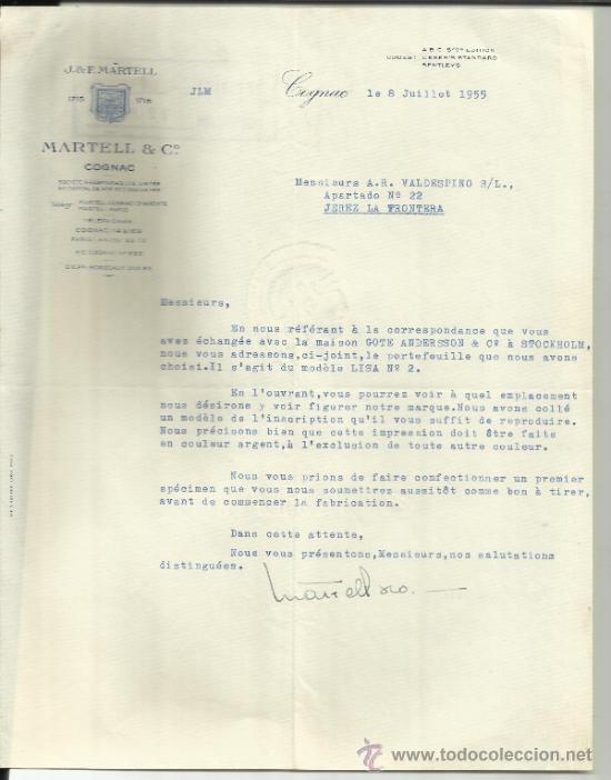 Lettere commerciali: CARTA COMERCIAL DE MARTELL & C&ordm;. J & F. MARTELL. COGNAC. FRANCIA. 1955