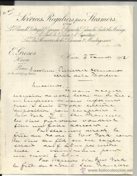 Lettere commerciali: CARTA COMERCIAL DE E. GROSOS. SERVICIOS REGULARES DE VAPORES. HAVRE. PAR&Iacute;S. FRANCIA. 1902