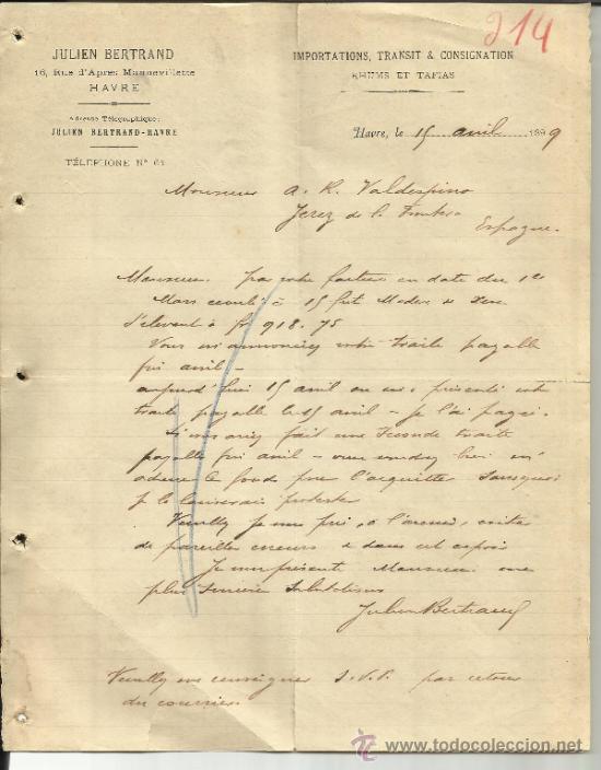 Lettere commerciali: CARTA COMERCIAL DE JULIEN BERTRAND. IMPORTACIONES, TR&Aacute;NSITO Y CONSIGNACIONES. HAVRE. FRANCIA. 1898