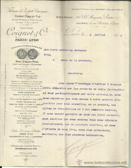 Lettere commerciali: CARTA COMERCIAL DE COIGNET PERE ET FILS. COIGNET & CIE. PAR&Iacute;S. FRANCIA. 1911