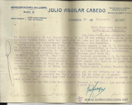 Lettere commerciali: CARTA COMERCIAL DE JULIO AGUILAR CABEDO. REPRESENTACIONES EXCLUSIVAS. CASTELL&Oacute;N. 1926
