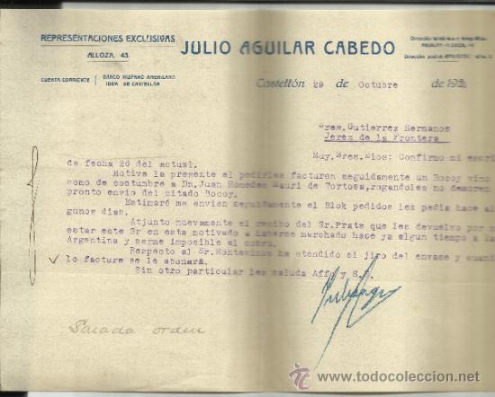 Lettere commerciali: CARTA COMERCIAL DE JULIO AGUILAR CABEDO. REPRESENTACIONES EXCLUSIVAS. CASTELL&Oacute;N. 1926