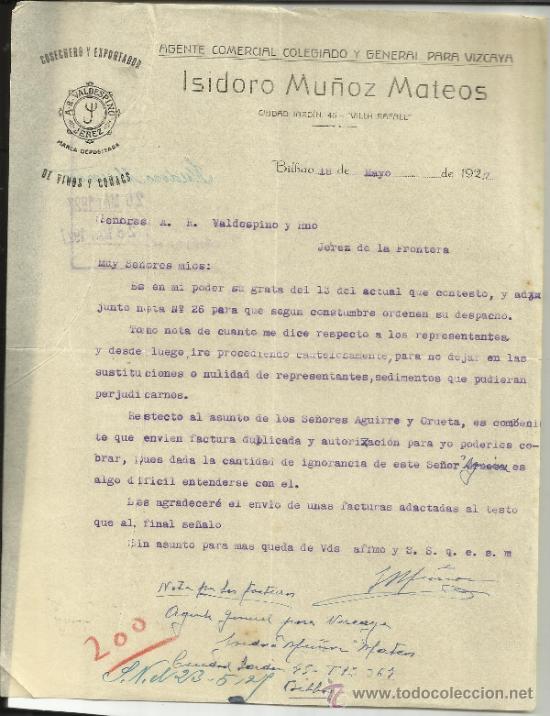 Lettere commerciali: CARTA COMERCIAL DE ISIDORO MU&Ntilde;OZ MATEOS. AGENTE COMERCIAL DE VIZCAYA. BILBAO. 1927