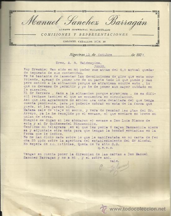 Lettere commerciali: CARTA COMERCIAL DE MANUEL S&Aacute;NCHEZ BARRAG&Aacute;N. AGENTE COMERCIAL. ALGECIRAS. C&Aacute;DIZ. 1927