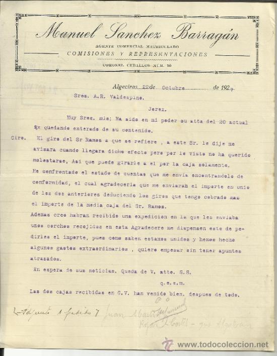 Lettere commerciali: CARTA COMERCIAL DE MANUEL S&Aacute;NCHEZ BARRAG&Aacute;N. AGENTE COMERCIAL. ALGECIRAS. C&Aacute;DIZ. 1927