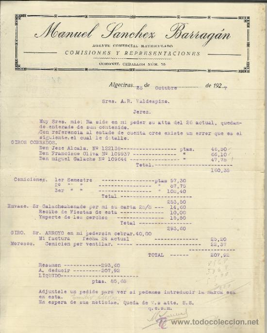 Lettere commerciali: CARTA COMERCIAL DE MANUEL S&Aacute;NCHEZ BARRAG&Aacute;N. AGENTE COMERCIAL. ALGECIRAS. C&Aacute;DIZ. 1927