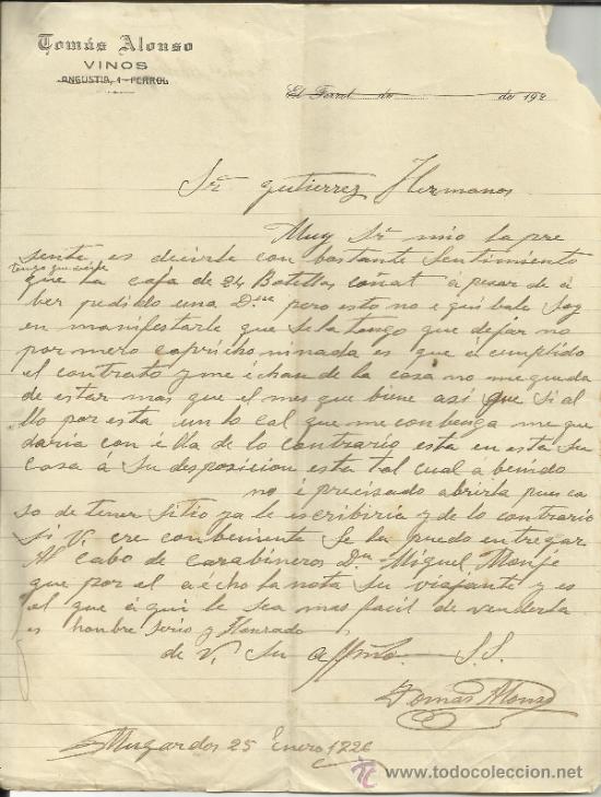 Lettere commerciali: CARTA COMERCIAL DE TOM&Aacute;S ALONSO. VINOS. MURGADOS. FERROL. CORU&Ntilde;A. 1926