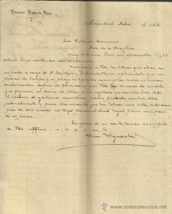 Lettere commerciali: CARTA COMERCIAL DE FRANCISCO FIGUEROLA RIERA. M&Aacute;LAGA. 1903