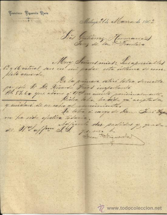 Lettere commerciali: CARTA COMERCIAL DE FRANCISCO FIGUEROLA RIERA. M&Aacute;LAGA. 1903