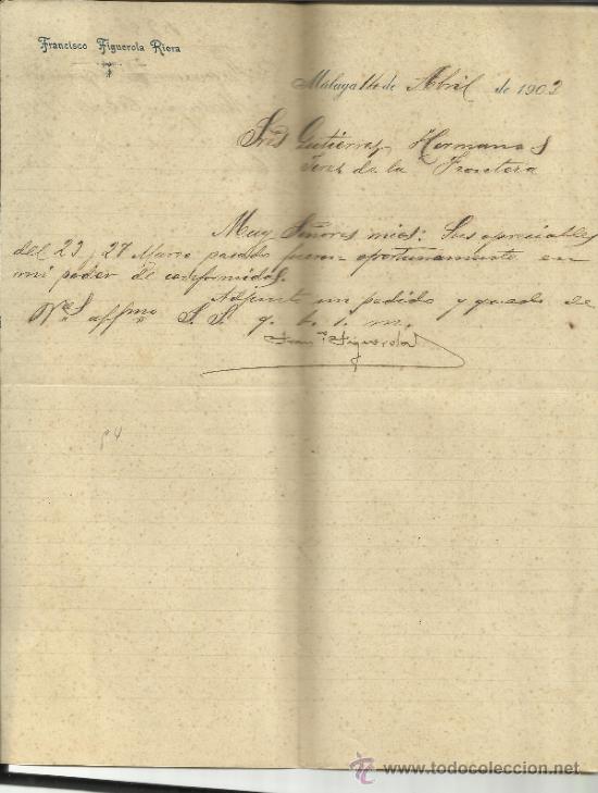 Lettere commerciali: CARTA COMERCIAL DE FRANCISCO FIGUEROLA RIERA . MALAGA. 1903