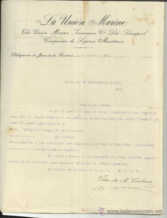 Cartas comerciais: CARTA COMERCIAL DE LA UNI&Oacute;N MARINE. VIUDA DE CENTENO. JEREZ DE LA FRONTERA. C&Aacute;DIZ. 1927