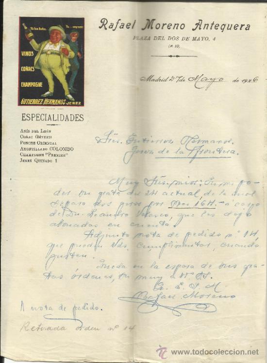 Cartas comerciais: CARTA COMERCIAL DE RAFAEL MORENO ANTEQUERA. AN&Iacute;S DEL LEON. CO&Ntilde;AC G&Eacute;NEIS. PONCHE ORIENTAL.MADRID.1926
