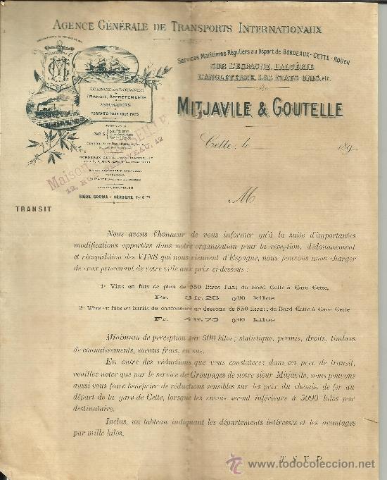 Lettere commerciali: CIRCULAR DE MITJAVILE & GOUTELLE. AGENCIA GENERAL DE TRANSPORTE INTERNACIONAL. CETTE. FRANCIA. 1898