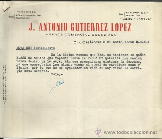 Lettere commerciali: CARTA COMERCIAL DE J. ANTONIO GUTIERREZ L&Oacute;PEZ. AGENTE COMERCIAL COLEGIADO. GIJ&Oacute;N. 1958