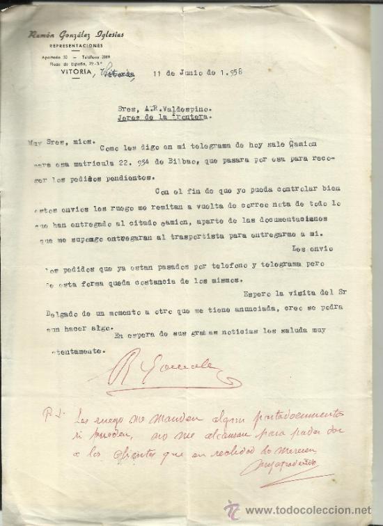 Lettere commerciali: CARTA COMERCIAL DE RAM&Oacute;N GONZ&Aacute;LEZ IGLESIAS. REPRESENTACIONES. VITORIA. &Aacute;LAVA. 1958