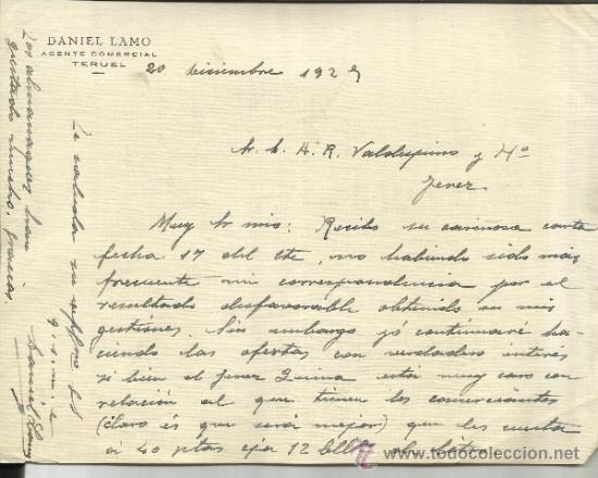 Lettere commerciali: CARTA COMERCIAL DE DANIEL LAMO. AGENTE COMERCIAL. TERUEL. 1929
