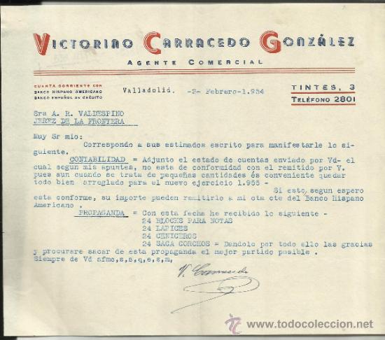 Lettere commerciali: CARTA COMERCIAL DE VICTORIANO CARRACEDO GONZ&Aacute;LEZ. AGENTE COMERCIAL. VALLADOLID. 1954