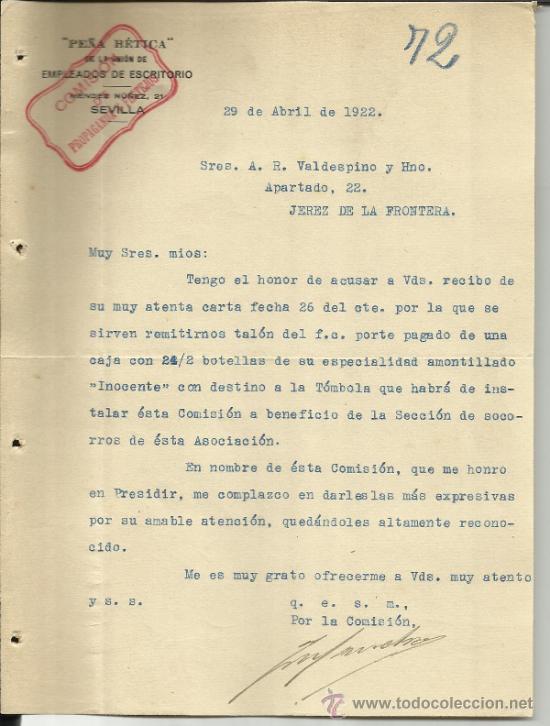 Commercial Letters: CARTA COMERCIAL DE LA PE&Ntilde;A B&Eacute;TICA DE LA UNI&Oacute;N DE EMPLEADOS DE ESCRITORIO. SEVILLA. 1922