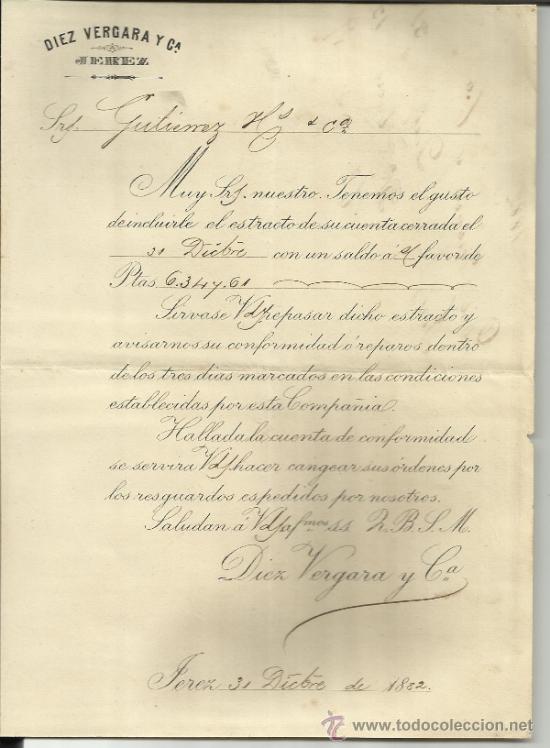 Gesch&auml;ftsbriefe: CARTA COMERCIAL DE DIEZ VERGARA Y C&ordf;. JEREZ DE LA FRONTERA. C&Aacute;DIZ. 1882